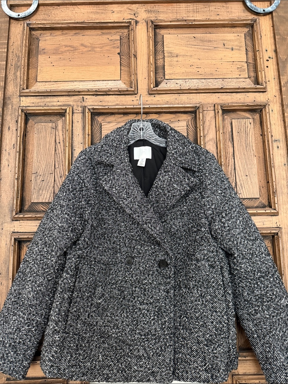 H&M Black and White Tweed Double-Breasted Pea Coat